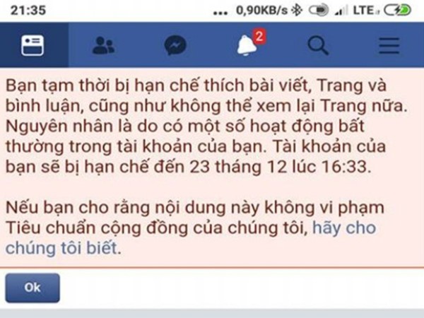 Kiểm tra thời gian bị chặn like Facebook bằng trình duyệt điện thoại