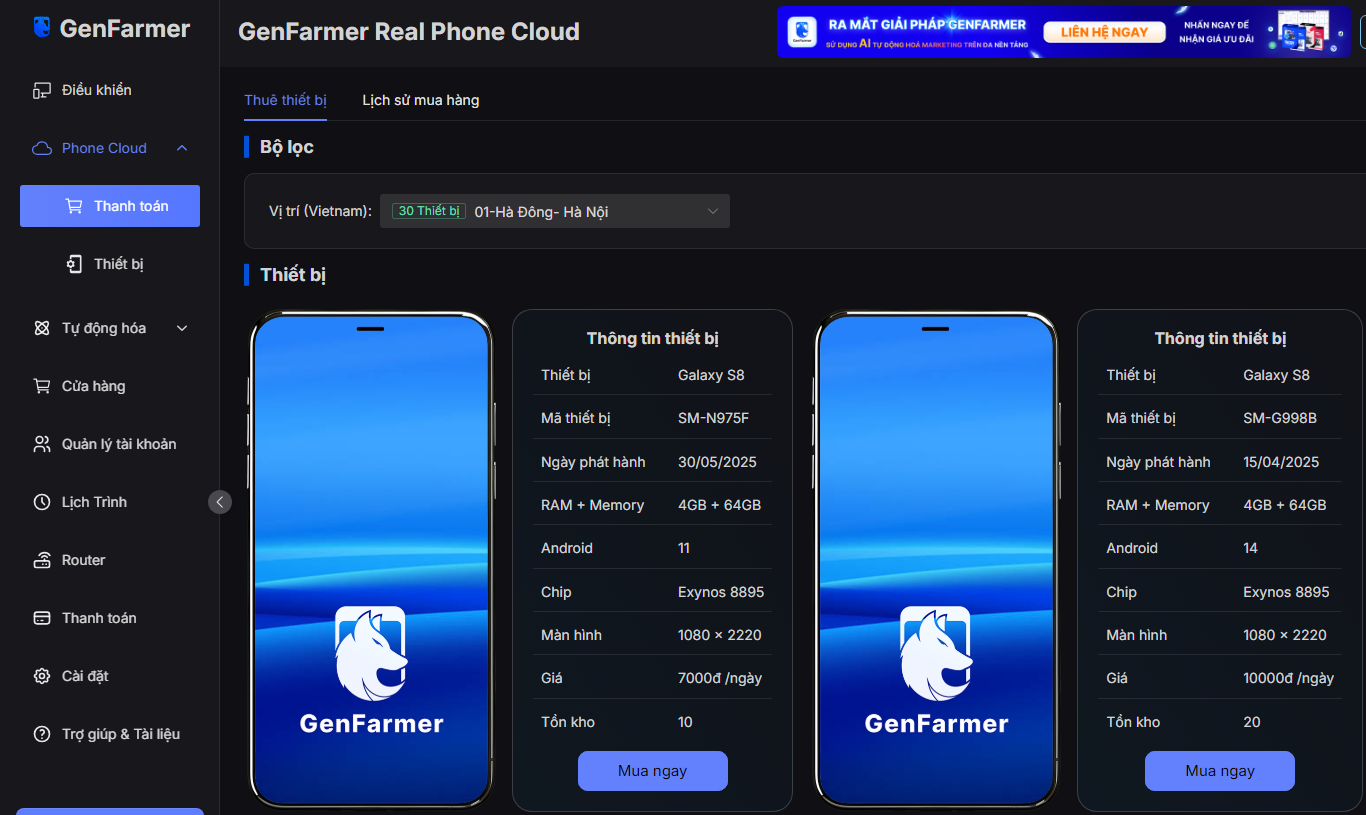 Thuê Cloudphone dễ dàng trên app GenFarmer