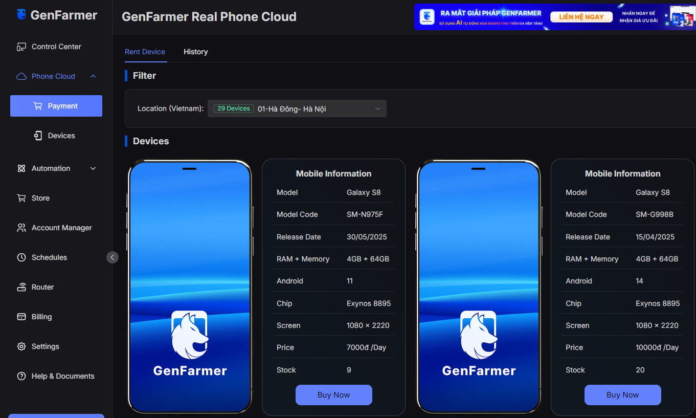 Easily rent Cloudphone on the GenFarmer app