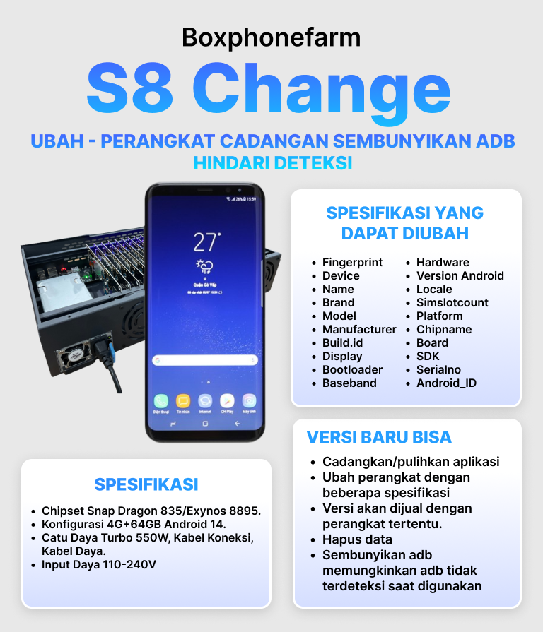 Box Phone Farm S8 Change Generasi Terbaru 2026 | Port USB + LAN 1 Box Phone Farm S8 Change Generasi Terbaru 2026 | Port USB + LAN