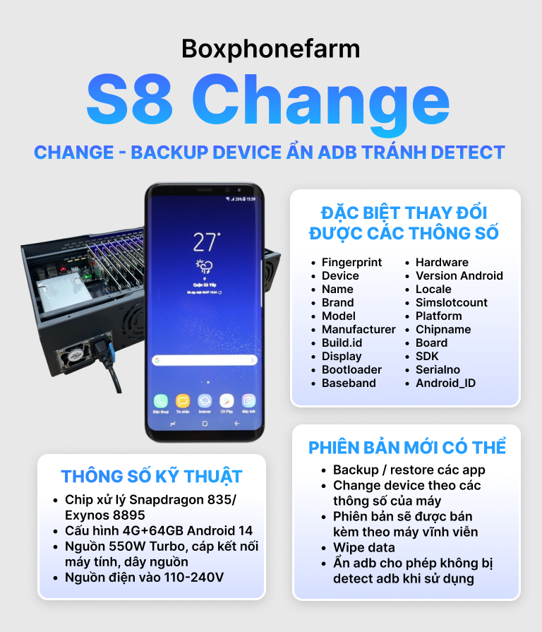 Box Phone Farm S8 change thế hệ mới nhất 2026 Cổng USB + LAN 1 Box Phone Farm S8 change thế hệ mới nhất 2026 Cổng USB + LAN