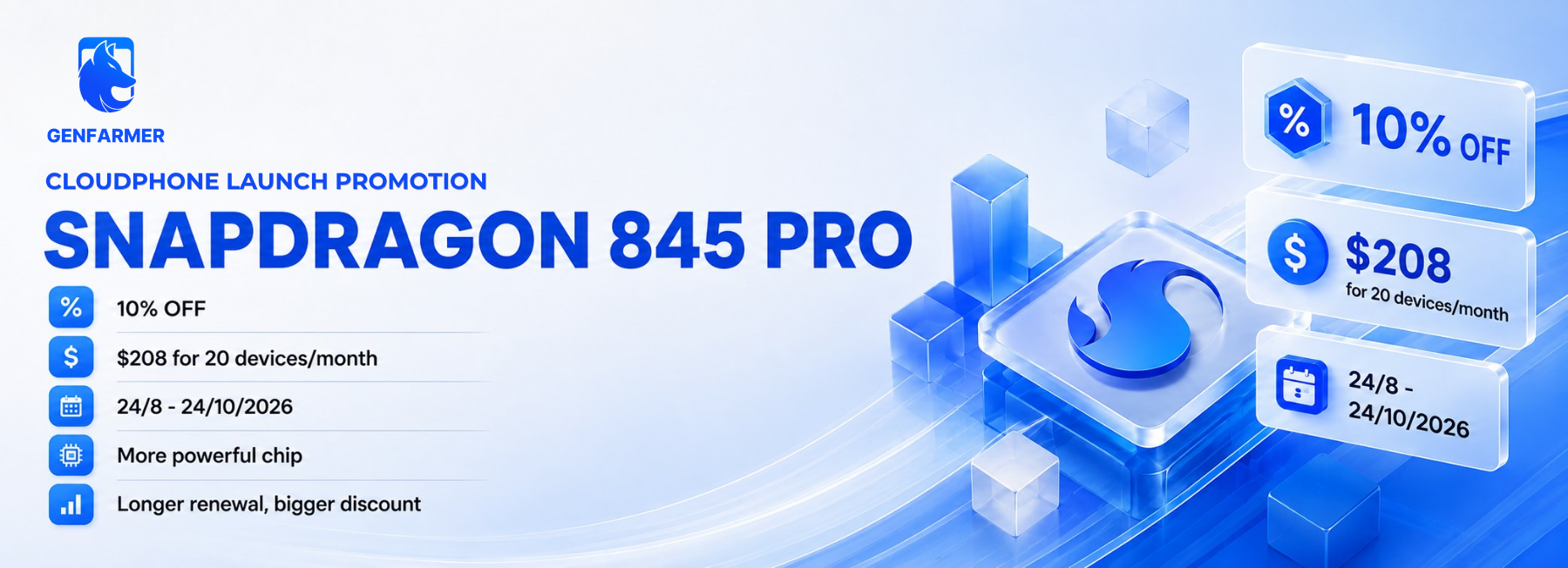 GenFarmer CloudPhone Snapdragon 845 Pro launch promotion – 10% off